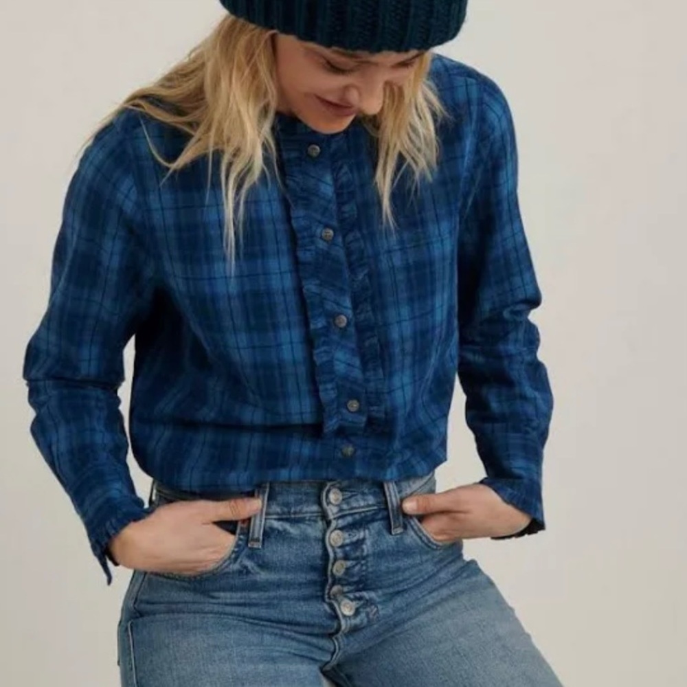 LUCKY BRAND Audrey Ruffle Plaid Tunic Shirt, blue